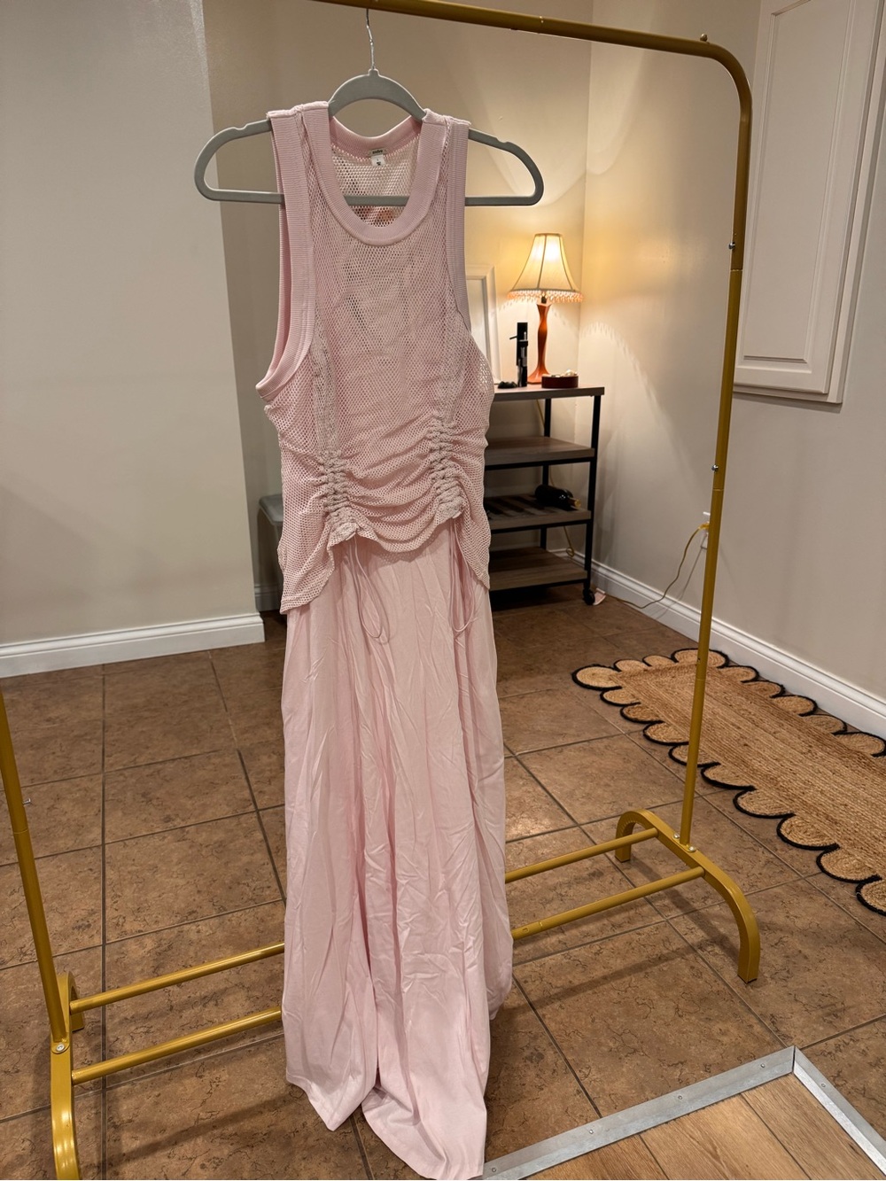 Anthropologie Light Pink Ruched Mesh Maxi Dress